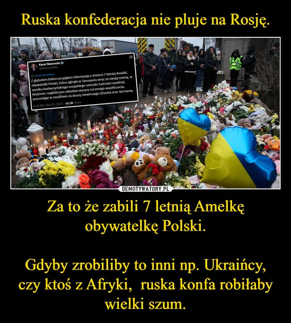 
    Ruska konfederacja nie pluje na Rosję. Za to że zabili 7 letnią Amelkę obywatelkę Polski. Gdyby zrobiliby to inni np. Ukraińcy, czy ktoś z Afryki, ruska konfa robiłaby wielki szum.