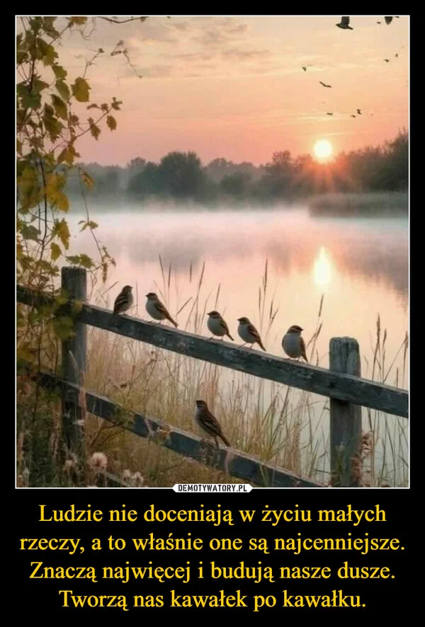 
    Ludzie nie doceniają w życiu małych rzeczy, a to właśnie one są najcenniejsze. Znaczą najwięcej i budują nasze dusze. Tworzą nas kawałek po kawałku.