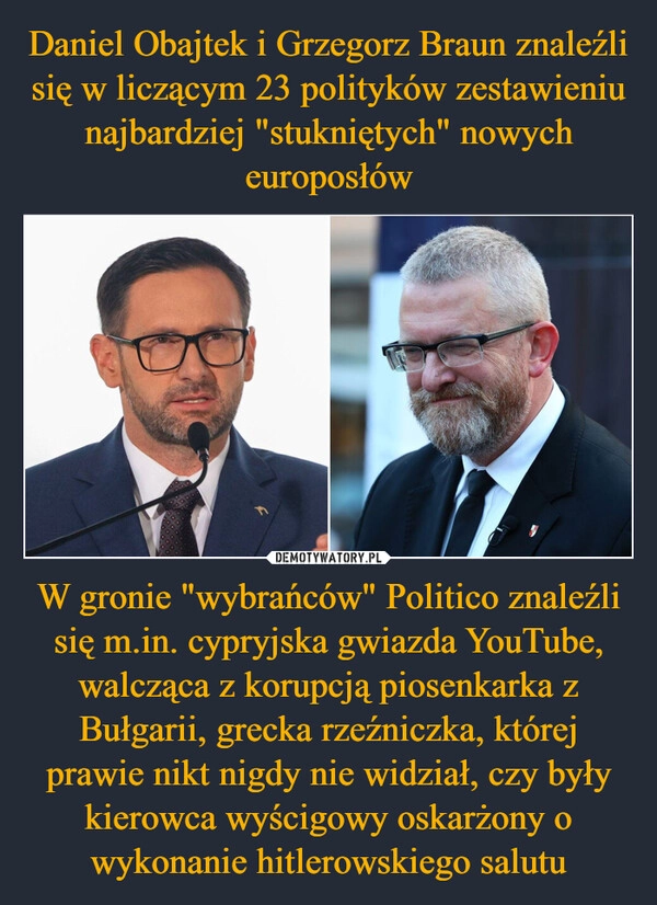 
    Daniel Obajtek i Grzegorz Braun znaleźli się w liczącym 23 polityków zestawieniu najbardziej "stukniętych" nowych europosłów W gronie "wybrańców" Politico znaleźli się m.in. cypryjska gwiazda YouTube, walcząca z korupcją piosenkarka z Bułgarii, grecka rzeźniczka, której prawie nikt nigdy nie widział, czy były kierowca wyścigowy oskarżony o wykonanie hitlerowskiego salutu