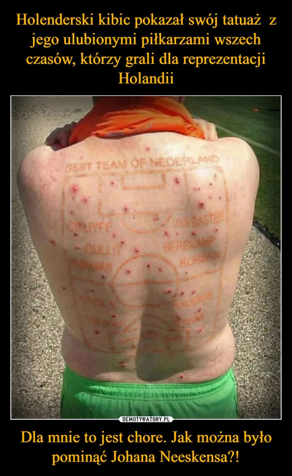 
    Holenderski kibic pokazał swój tatuaż z jego ulubionymi piłkarzami wszech czasów, którzy grali dla reprezentacji Holandii Dla mnie to jest chore. Jak można było pominąć Johana Neeskensa?!