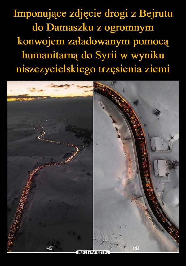 
    Imponujące zdjęcie drogi z Bejrutu do Damaszku z ogromnym konwojem załadowanym pomocą humanitarną do Syrii w wyniku niszczycielskiego trzęsienia ziemi