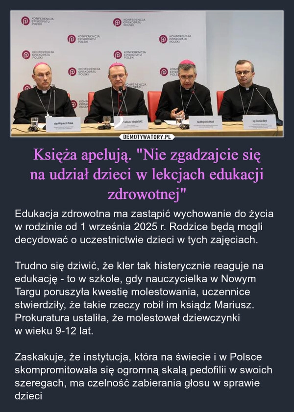 
    Księża apelują. "Nie zgadzajcie się na udział dzieci w lekcjach edukacji zdrowotnej"