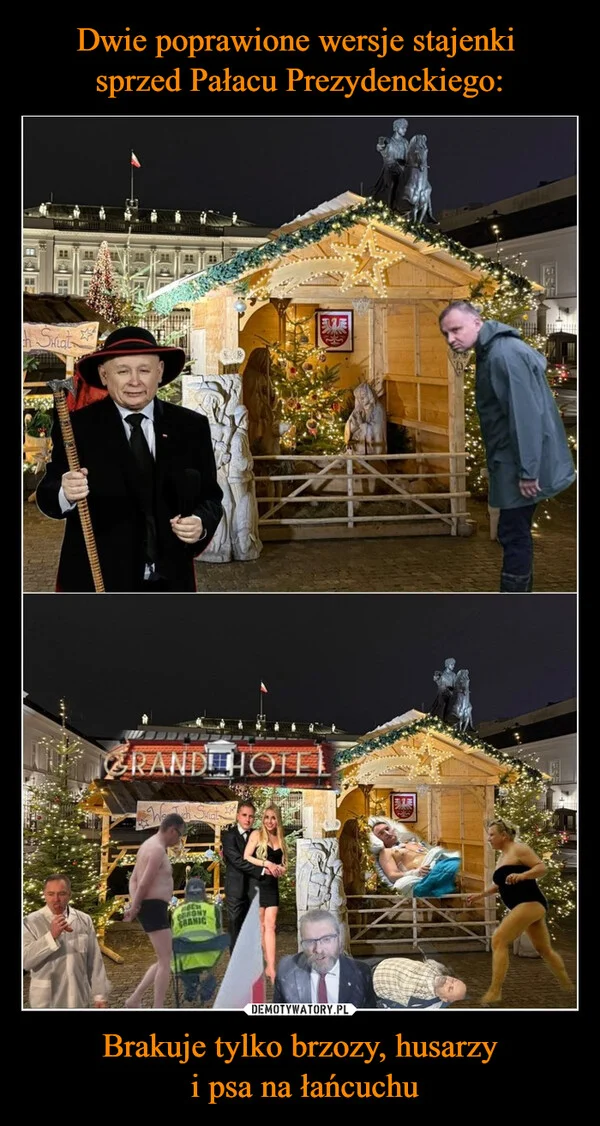 
    Dwie poprawione wersje stajenki sprzed Pałacu Prezydenckiego: Brakuje tylko brzozy, husarzy i psa na łańcuchu