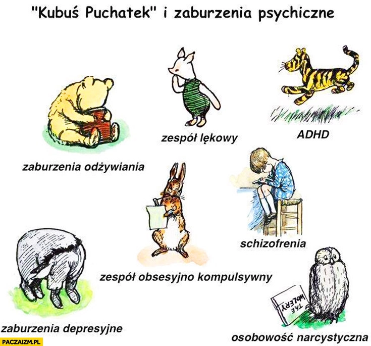 
    Kubuś Puchatek i zaburzenia psychiczne: zespół lękowy, ADHD, schizofrenia, zaburzenia odżywiania, depresyjne, osobowość narcystyczna, obsesyjno kompulsywny