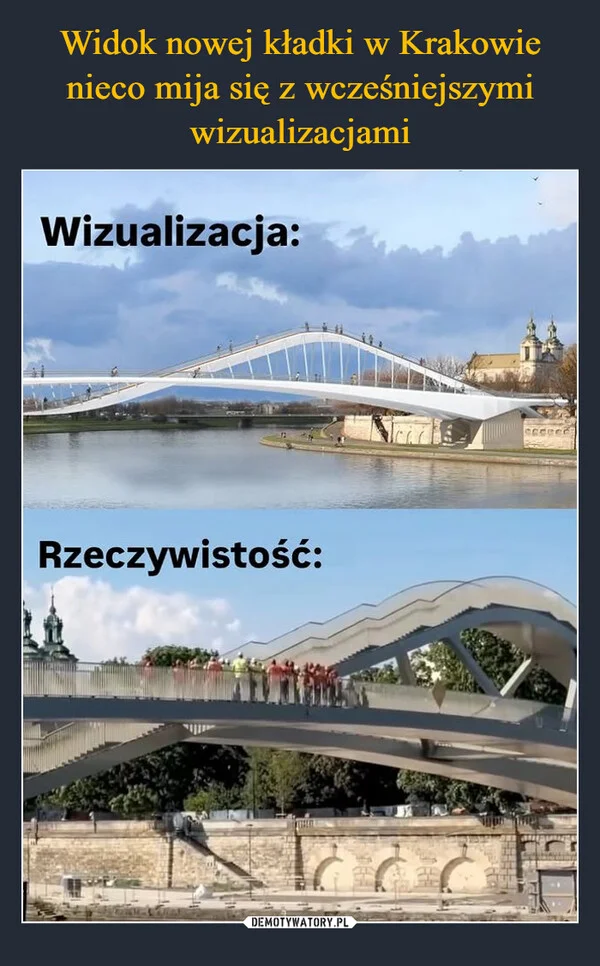 
    Widok nowej kładki w Krakowie nieco mija się z wcześniejszymi wizualizacjami