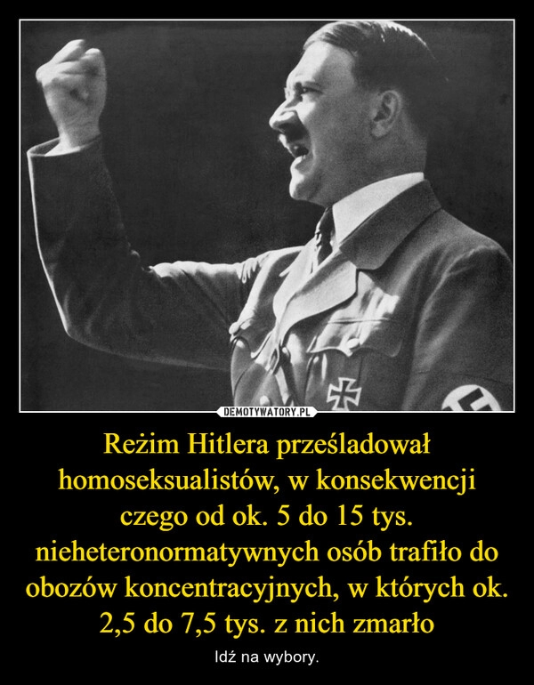 
    Reżim Hitlera prześladował homoseksualistów, w konsekwencji czego od ok. 5 do 15 tys. nieheteronormatywnych osób trafiło do obozów koncentracyjnych, w których ok. 2,5 do 7,5 tys. z nich zmarło