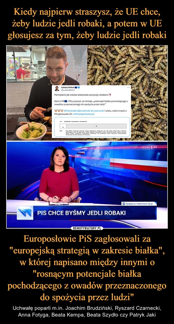 
    Kiedy najpierw straszysz, że UE chce, żeby ludzie jedli robaki, a potem w UE głosujesz za tym, żeby ludzie jedli robaki Europosłowie PiS zagłosowali za "europejską strategią w zakresie białka", w której napisano między innymi o "rosnącym potencjale białka pochodzącego z owadów przeznaczonego do spożycia przez ludzi"