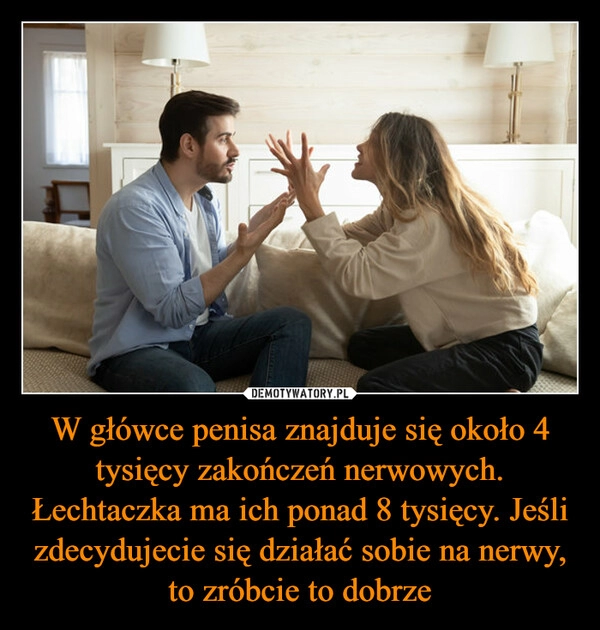 
    W główce penisa znajduje się około 4 tysięcy zakończeń nerwowych. Łechtaczka ma ich ponad 8 tysięcy. Jeśli zdecydujecie się działać sobie na nerwy, to zróbcie to dobrze 