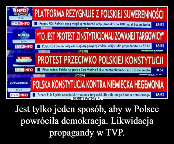 
    Jest tylko jeden sposób, aby w Polsce powróciła demokracja. Likwidacja propagandy w TVP.