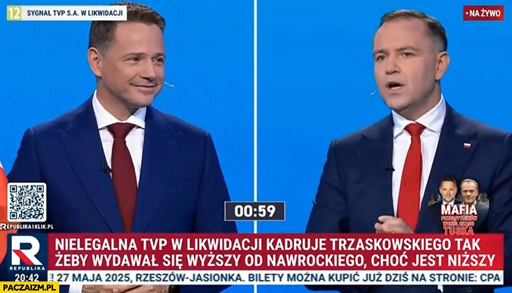 
    Pasek republika: TVP kadruje Trzaskowskiego tak żeby wydawał się wyższy od Nawrockiego choć jest niższy