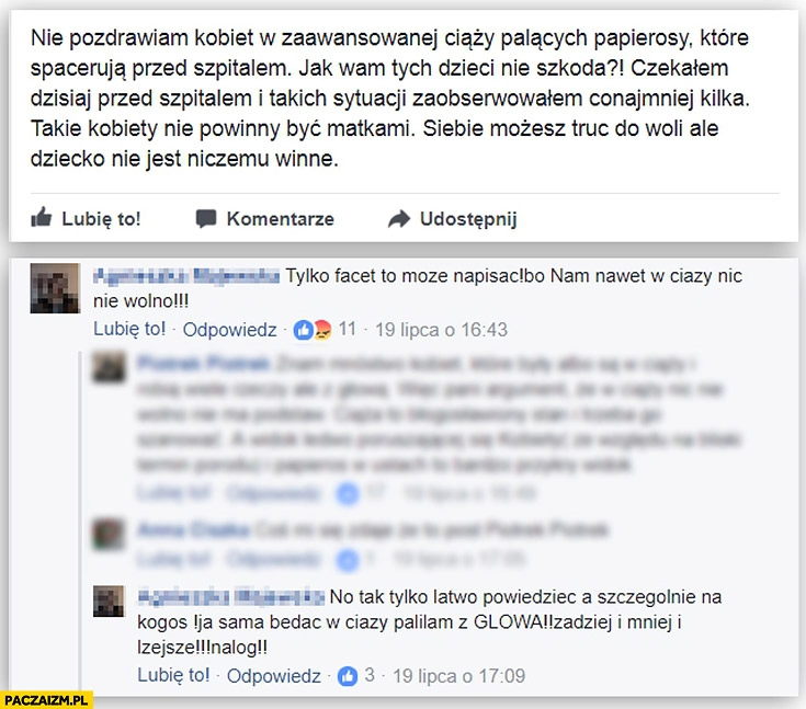 
    Nie pozdrawiam kobiet w ciąży palących papierosy, tylko facet to może napisać. Nam nawet w ciąży nic nie wolno, sama będąc w ciąży paliłam z głową rozmowa na facebooku