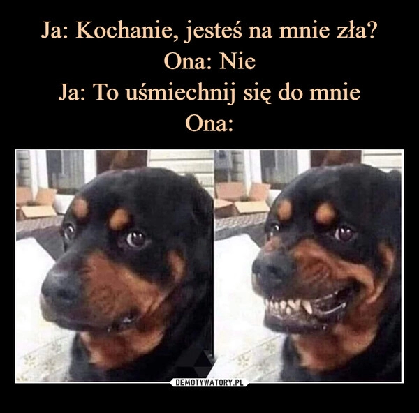 
    Ja: Kochanie, jesteś na mnie zła?
Ona: Nie
Ja: To uśmiechnij się do mnie
Ona: