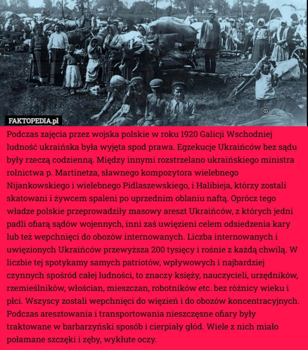 
    Podczas zajęcia przez wojska polskie w roku 1920 Galicji Wschodniej ludność