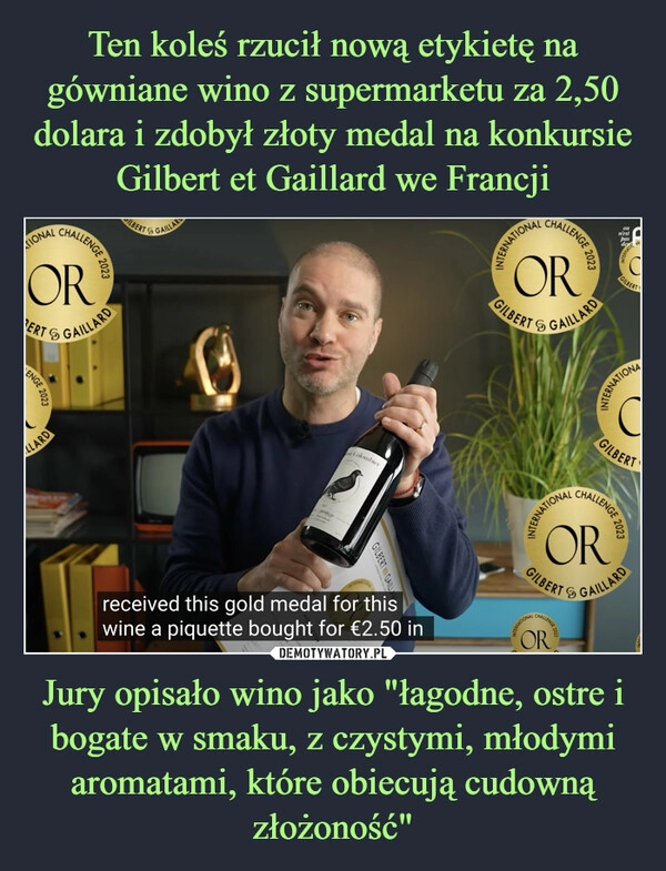 
    Ten koleś rzucił nową etykietę na gówniane wino z supermarketu za 2,50 dolara i zdobył złoty medal na konkursie Gilbert et Gaillard we Francji Jury opisało wino jako "łagodne, ostre i bogate w smaku, z czystymi, młodymi aromatami, które obiecują cudowną złożoność"