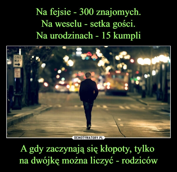 
    Na fejsie - 300 znajomych.
Na weselu - setka gości.
Na urodzinach - 15 kumpli A gdy zaczynają się kłopoty, tylko
na dwójkę można liczyć - rodziców 