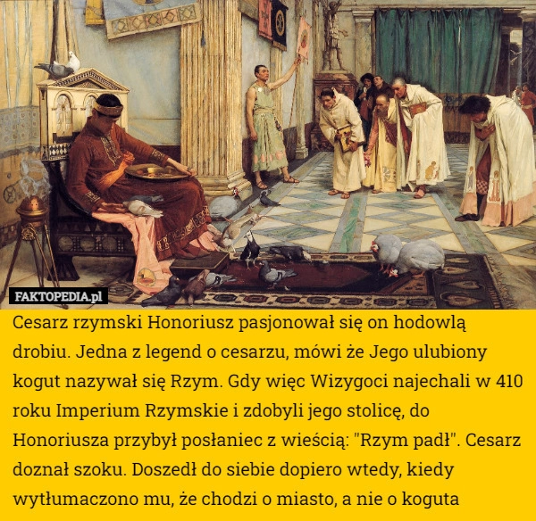 
    Cesarz rzymski Honoriusz pasjonował się on hodowlą drobiu. Jedna z legend