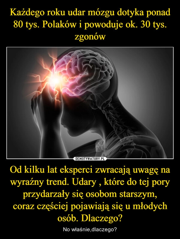 
    Każdego roku udar mózgu dotyka ponad 80 tys. Polaków i powoduje ok. 30 tys. zgonów Od kilku lat eksperci zwracają uwagę na wyraźny trend. Udary , które do tej pory przydarzały się osobom starszym,
coraz częściej pojawiają się u młodych osób. Dlaczego?