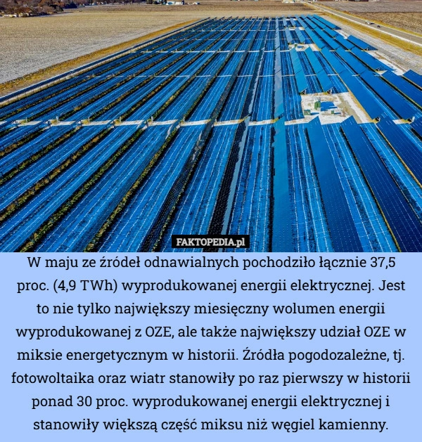 
    W maju ze źródeł odnawialnych pochodziło łącznie 37,5 proc. (4,9 TWh) wyprodukowanej