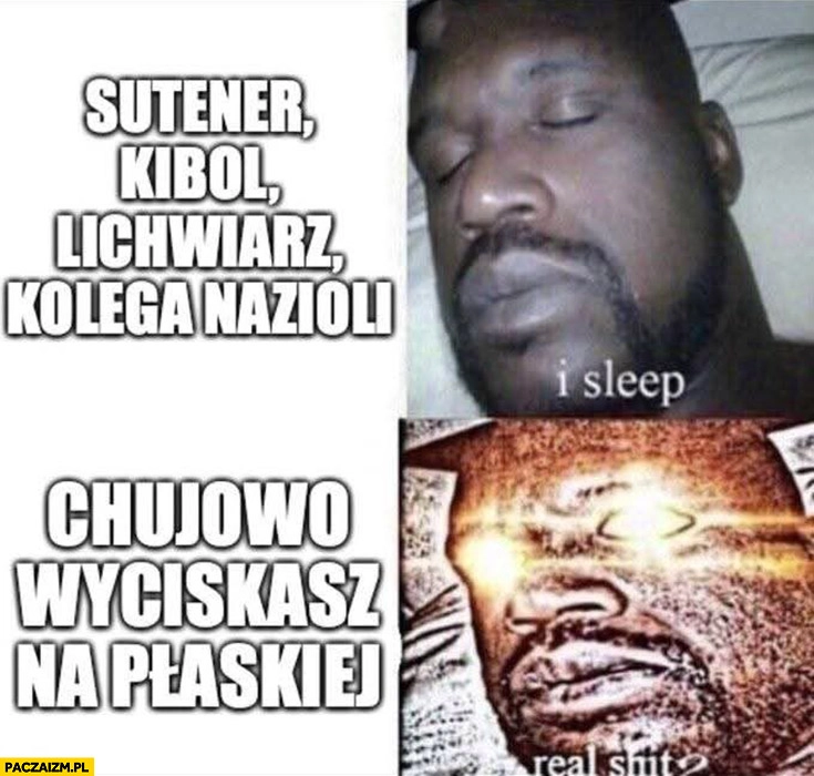 
    Sutener, kibol, lichwiarz, kolega nazioli I sleep vs słabo wyciskasz na płaskiej real shit reakcja
