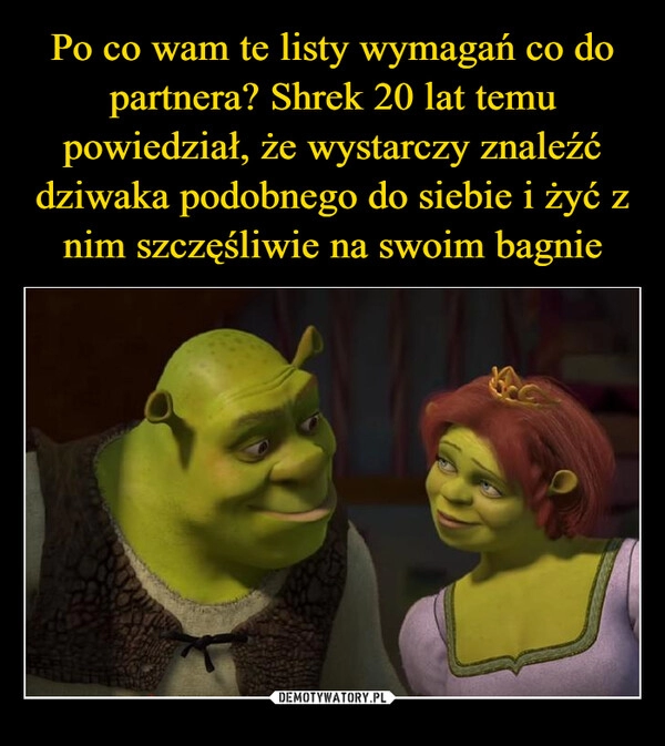 
    Po co wam te listy wymagań co do partnera? Shrek 20 lat temu powiedział, że wystarczy znaleźć dziwaka podobnego do siebie i żyć z nim szczęśliwie na swoim bagnie