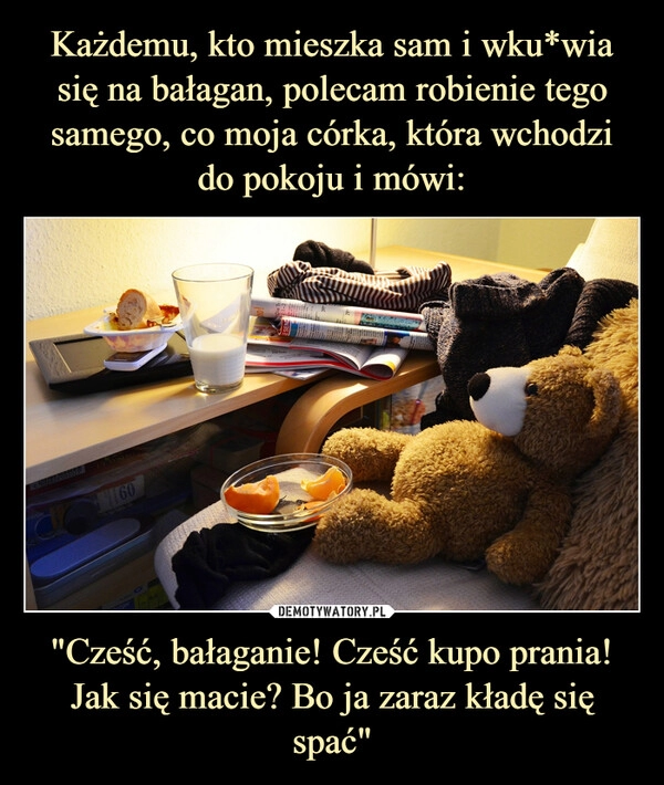 
    Każdemu, kto mieszka sam i wku*wia się na bałagan, polecam robienie tego samego, co moja córka, która wchodzi do pokoju i mówi: "Cześć, bałaganie! Cześć kupo prania! Jak się macie? Bo ja zaraz kładę się spać"