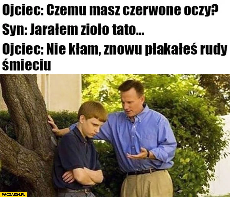 
    Ojciec: czemu masz czerwone oczy? Syn: jarałem zioło. Ojciec: nie kłam, znowu płakałeś rudy śmieciu