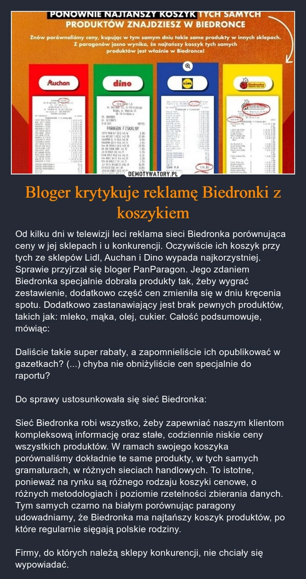 
    Bloger krytykuje reklamę Biedronki z koszykiem