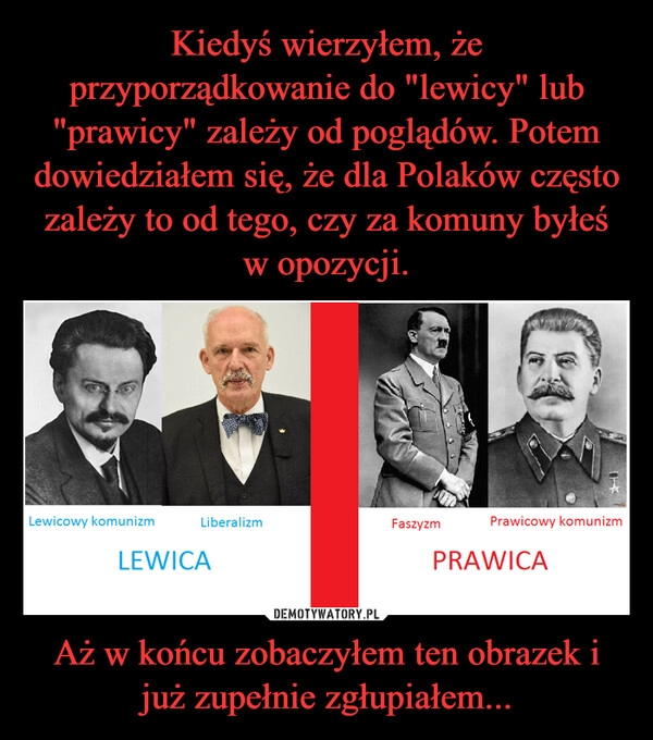 
    
Kiedyś wierzyłem, że przyporządkowanie do "lewicy" lub "prawicy" zależy od poglądów. Potem dowiedziałem się, że dla Polaków często zależy to od tego, czy za komuny byłeś w opozycji. Aż w końcu zobaczyłem ten obrazek i już zupełnie zgłupiałem... 