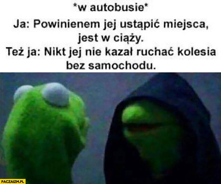 
    *W autobusie* ja: powinienem jej ustąpić miejsca, jest w ciąży. Też ja: nikt jej nie kazał współżyć z kolesiem bez samochodu Kermit