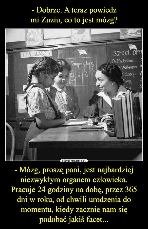 
    
- Dobrze. A teraz powiedz
mi Zuziu, co to jest mózg? - Mózg, proszę pani, jest najbardziej niezwykłym organem człowieka.
Pracuje 24 godziny na dobę, przez 365 dni w roku, od chwili urodzenia do momentu, kiedy zacznie nam się podobać jakiś facet... 