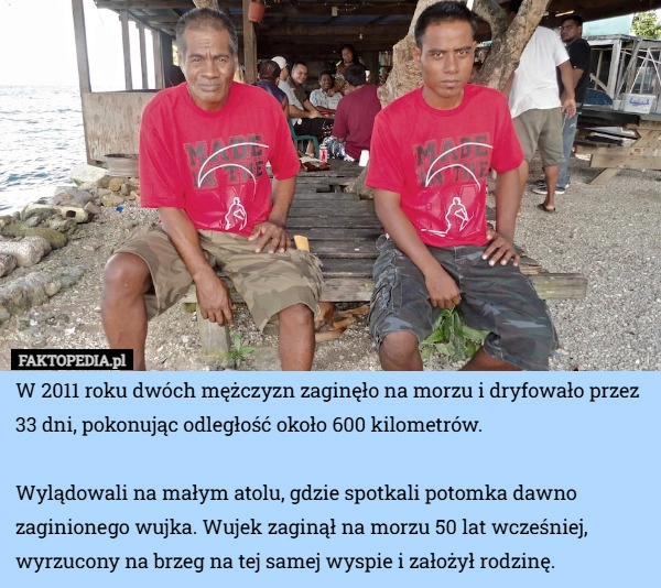 
    W 2011 roku dwóch mężczyzn zaginęło na morzu i dryfowało przez 33 dni, pokonując