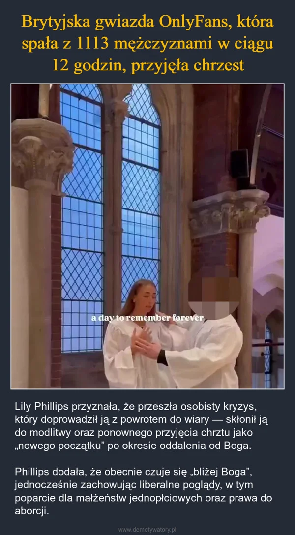 
    Brytyjska gwiazda OnlyFans, która spała z 1113 mężczyznami w ciągu 12 godzin, przyjęła chrzest