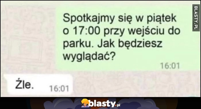 
    Spotkajmy się w piątek o 17:00 przy wejściu do parku, jak będziesz wyglądać? Źle