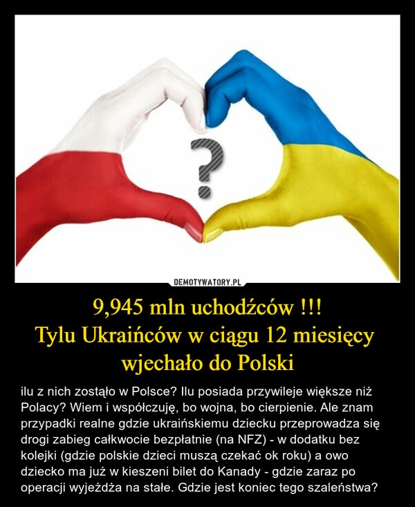 
    9,945 mln uchodźców !!!
Tylu Ukraińców w ciągu 12 miesięcy  wjechało do Polski