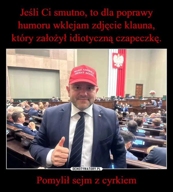 
    Jeśli Ci smutno, to dla poprawy humoru wklejam zdjęcie klauna, który założył idiotyczną czapeczkę. Pomylił sejm z cyrkiem