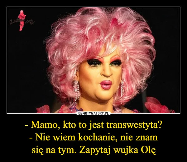 
    - Mamo, kto to jest transwestyta? - Nie wiem kochanie, nie znam się na tym. Zapytaj wujka Olę