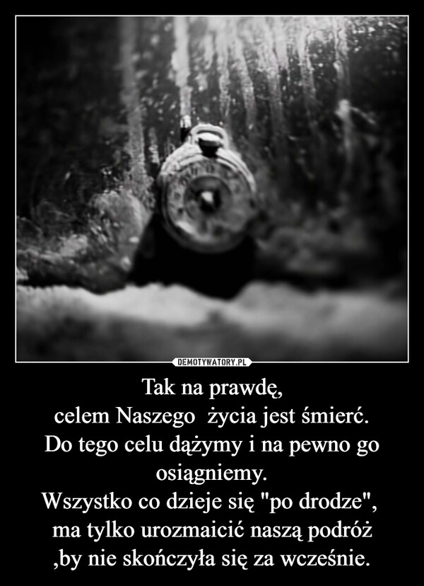 
    Tak na prawdę,
celem Naszego  życia jest śmierć.
Do tego celu dążymy i na pewno go osiągniemy.
Wszystko co dzieje się "po drodze", 
ma tylko urozmaicić naszą podróż
,by nie skończyła się za wcześnie.