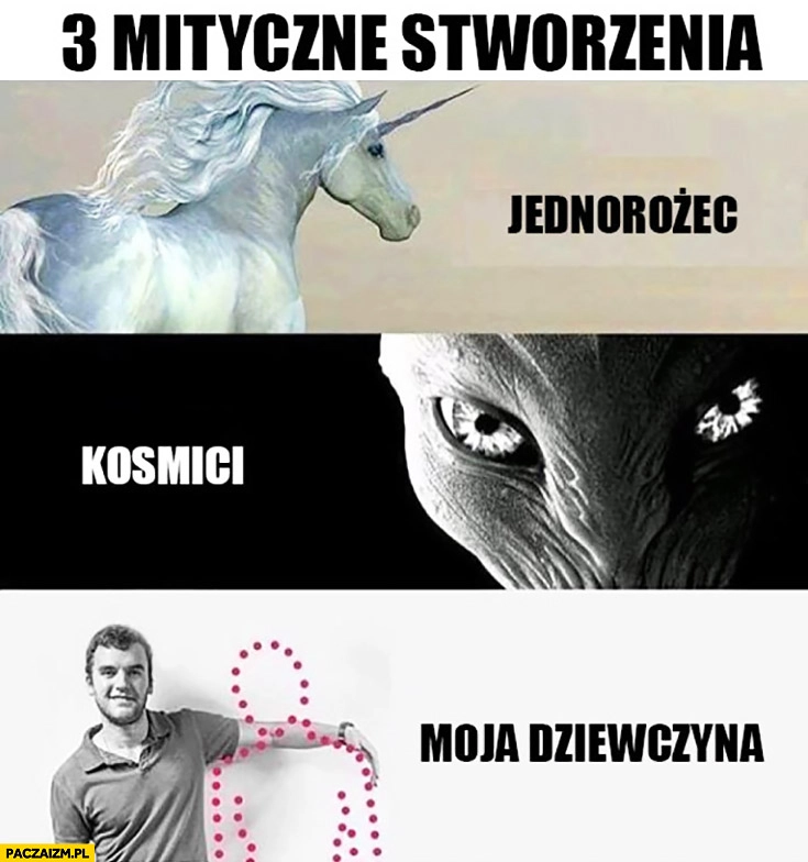 
    3 mityczne stworzenia: jednorożec, kosmici, moja dziewczyna