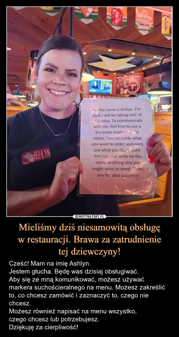 Mieliśmy dziś niesamowitą obsługę w restauracji. Brawa za zatrudnienie tej dziewczyny!