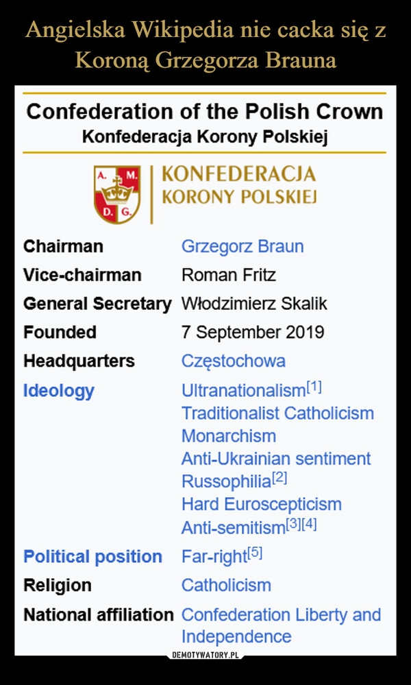 
    Angielska Wikipedia nie cacka się z Koroną Grzegorza Brauna