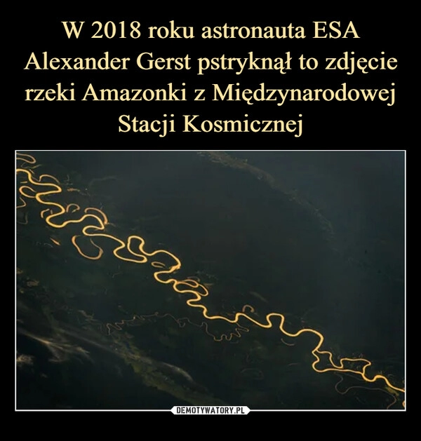 
    
W 2018 roku astronauta ESA Alexander Gerst pstryknął to zdjęcie rzeki Amazonki z Międzynarodowej Stacji Kosmicznej 