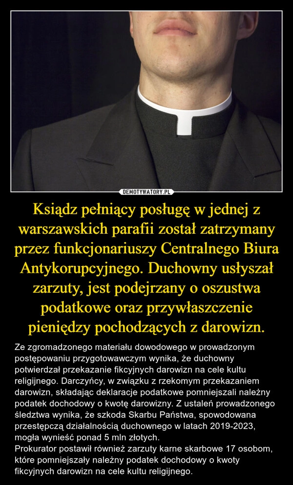 
    Ksiądz pełniący posługę w jednej z warszawskich parafii został zatrzymany przez funkcjonariuszy Centralnego Biura Antykorupcyjnego. Duchowny usłyszał zarzuty, jest podejrzany o oszustwa podatkowe oraz przywłaszczenie pieniędzy pochodzących z darowizn.