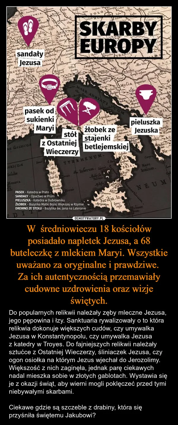 
    W średniowieczu 18 kościołów posiadało napletek Jezusa, a 68 buteleczkę z mlekiem Maryi. Wszystkie uważano za oryginalne i prawdziwe. Za ich autentycznością przemawiały cudowne uzdrowienia oraz wizje świętych.