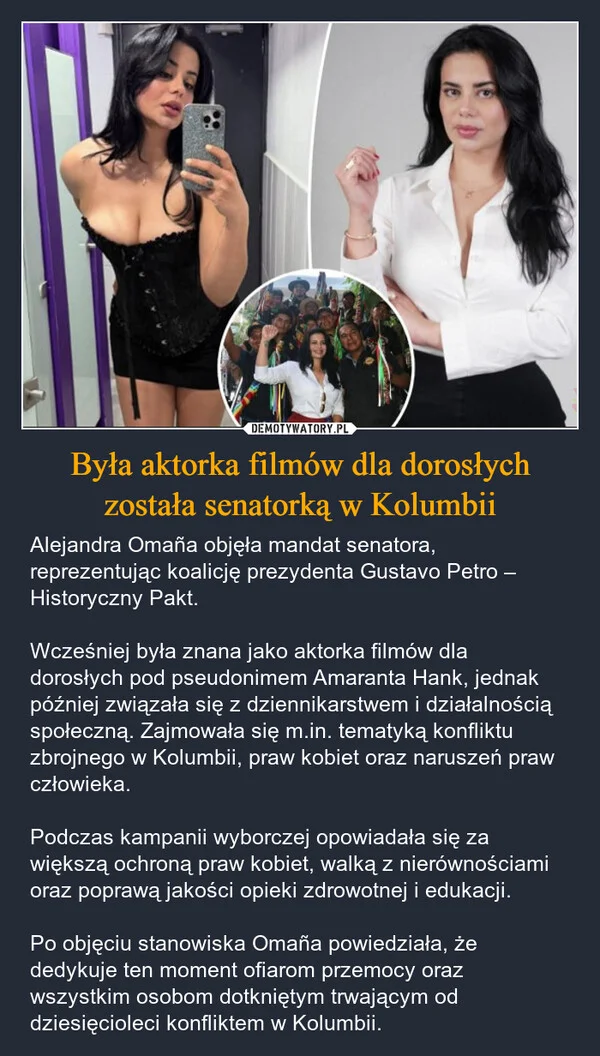 
    Była aktorka filmów dla dorosłych została senatorką w Kolumbii