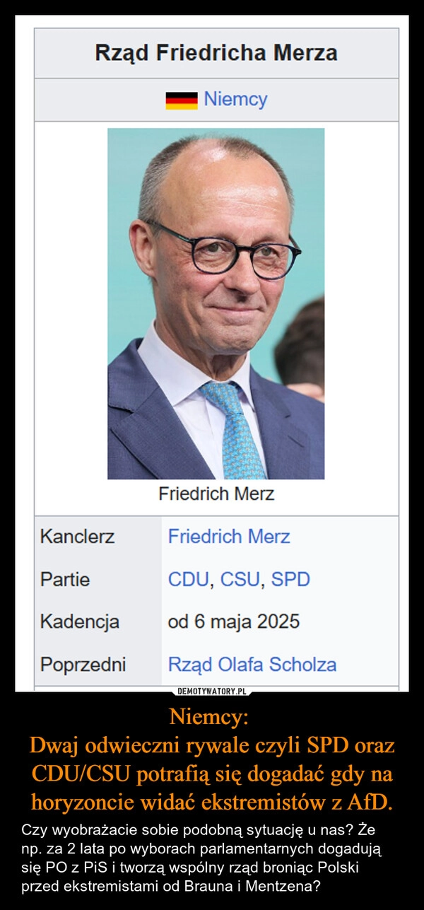 
    Niemcy: 
Dwaj odwieczni rywale czyli SPD oraz CDU/CSU potrafią się dogadać gdy na horyzoncie widać ekstremistów z AfD.