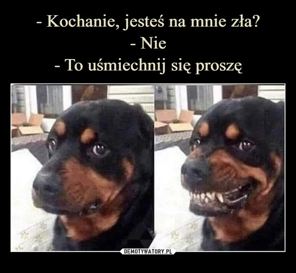 
    - Kochanie, jesteś na mnie zła? - Nie - To uśmiechnij się proszę