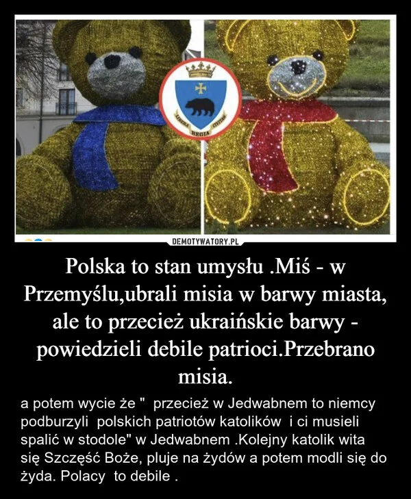 
    Polska to stan umysłu .Miś - w Przemyślu,ubrali misia w barwy miasta, ale to przecież ukraińskie barwy - powiedzieli debile patrioci.Przebrano misia.