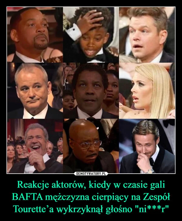 
    Reakcje aktorów, kiedy w czasie gali BAFTA mężczyzna cierpiący na Zespół Tourette’a wykrzyknął głośno 