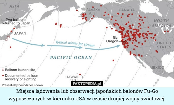 
    Miejsca lądowania lub obserwacji japońskich balonów Fu-Go wypuszczanych