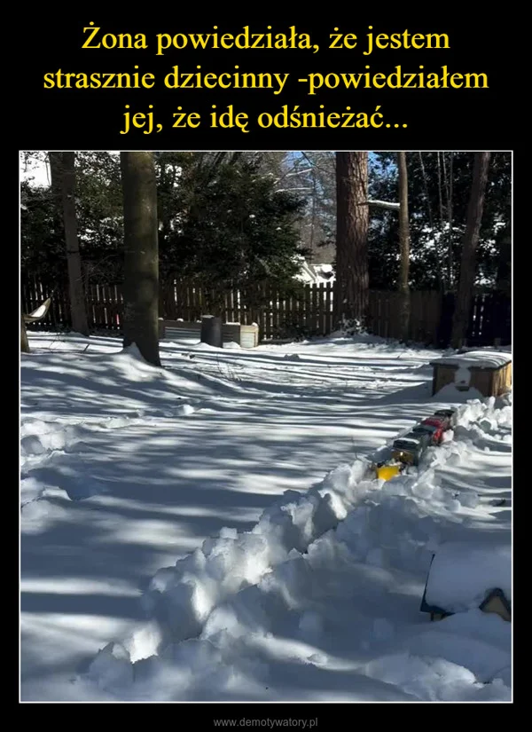 
    Żona powiedziała, że jestem strasznie dziecinny -powiedziałem jej, że idę odśnieżać...